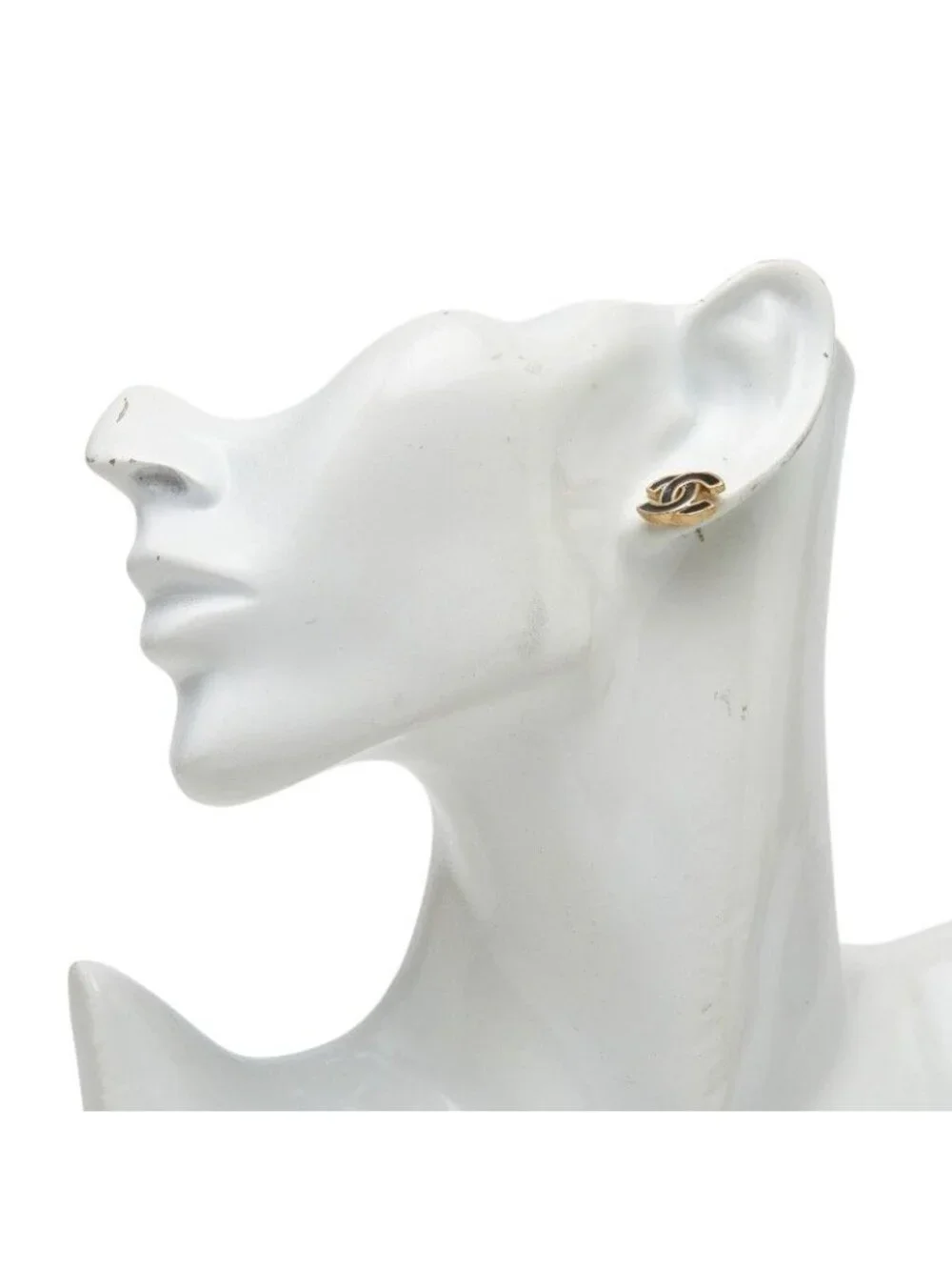 Chanel CC Logo Stud Earrings Gold Black Plated